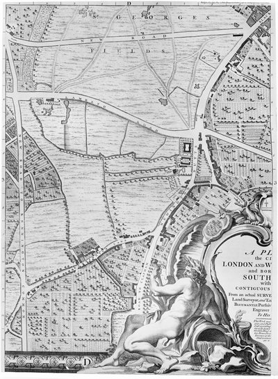 Karte von St. Georges Fields und Newington Butts, London, 1746 von John Rocque